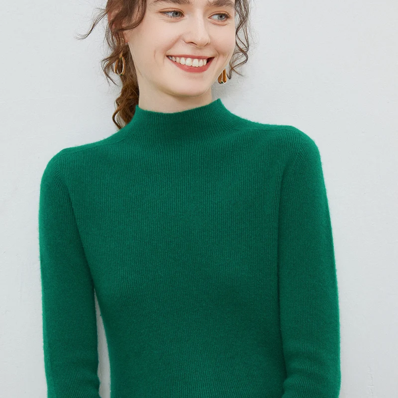 

100% Wool Sweaters Autumn Winter Woman's Sweaters Long Sleeve Half Turtleneck Basic Style Elasic Bottoming Shirt Knitted Tops