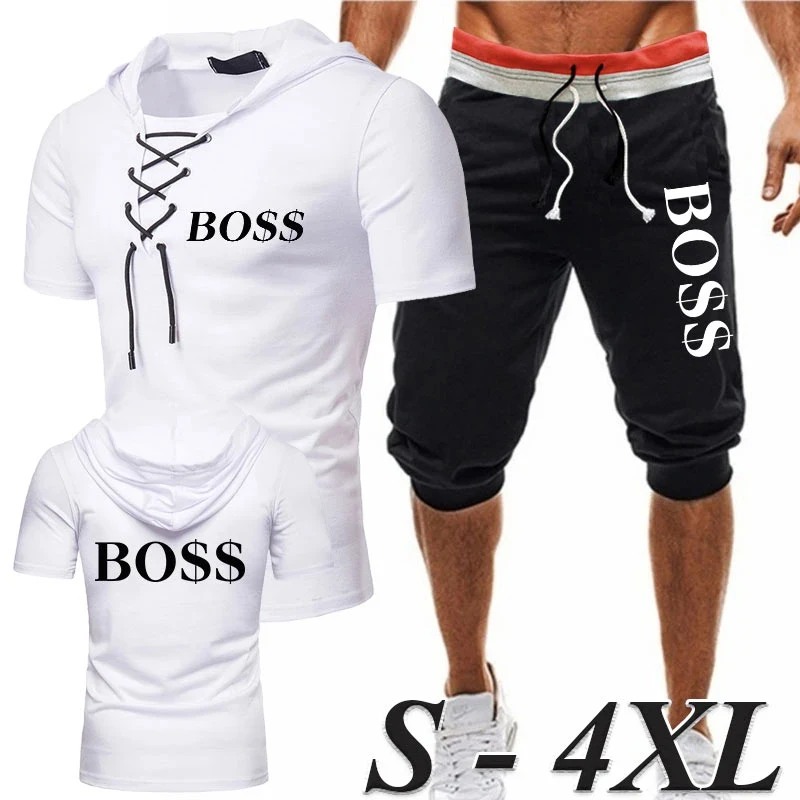 

Men's T-shirt Sets Summer Personality Hooded Short Sleeve + Cropped Pants Outfits Male Slim Fit Sportswear Hip Hop Streetwear