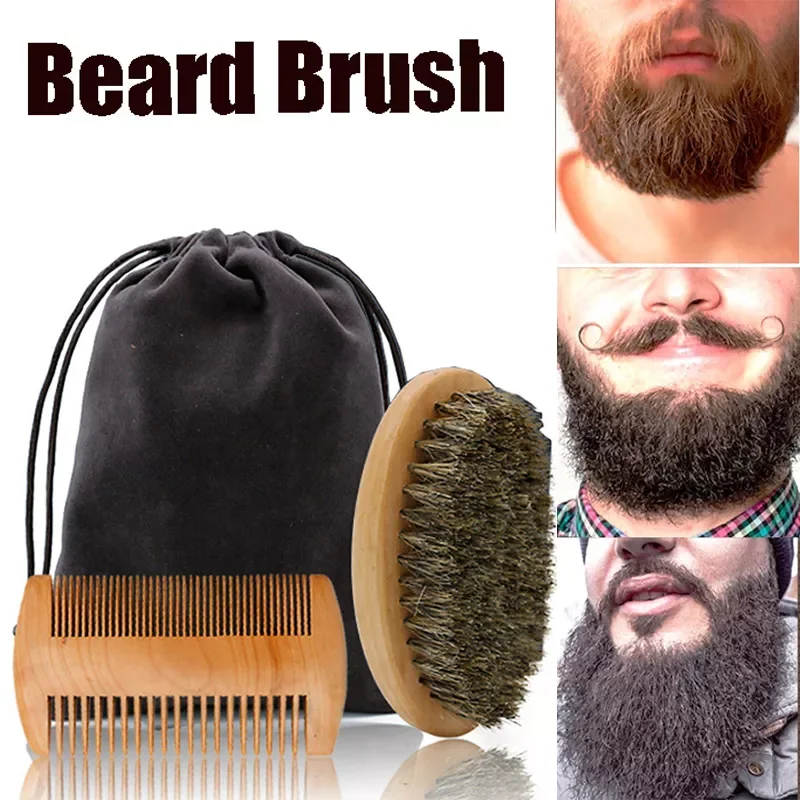 

High Quality Soft Boar Bristle Wood Beard Brush Hairdresser Shaving Tool Men Mustache Comb Kit With Gift Bag Beard Hair Comb Set