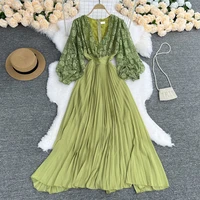 fairy temperament lace stitching dress lantern sleeve v neck closing waist thin chiffon pleated large dress