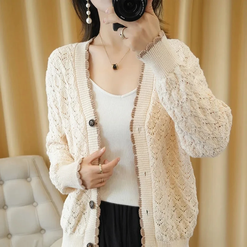 

Spring Summer Thin Hollow Out Lace Knitted Cardigan Women Korean Slim Long Sleeve Sweater Vintage Knitting Tops Sunscreen Shirt