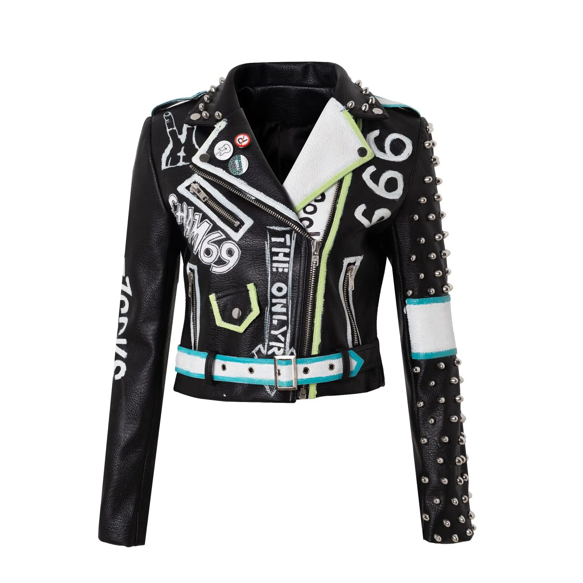 Spring and autumn new punk style lapel women's pu motorcycle clothing rivet short jacket enlarge