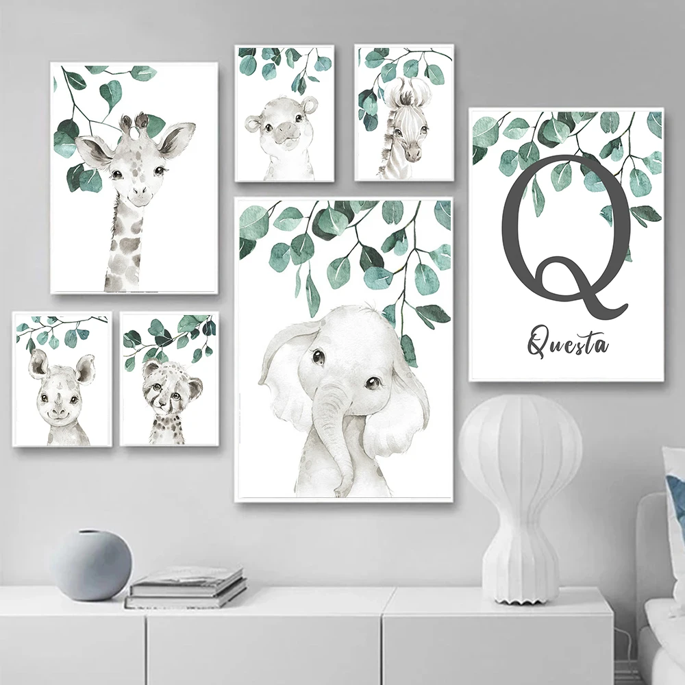 

Personalized Baby Name Nursery Poster Painting Print Eucalyptus Animal Wall Art Canvas Zebra Giraffe Decoration Kid Room Picture