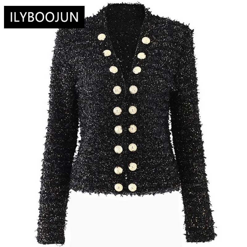

blazers suits for women elegant stylish Bright Silk Streetwear Coat V-neck Double-breasted Knit sparkling Black Cardigan Jacket