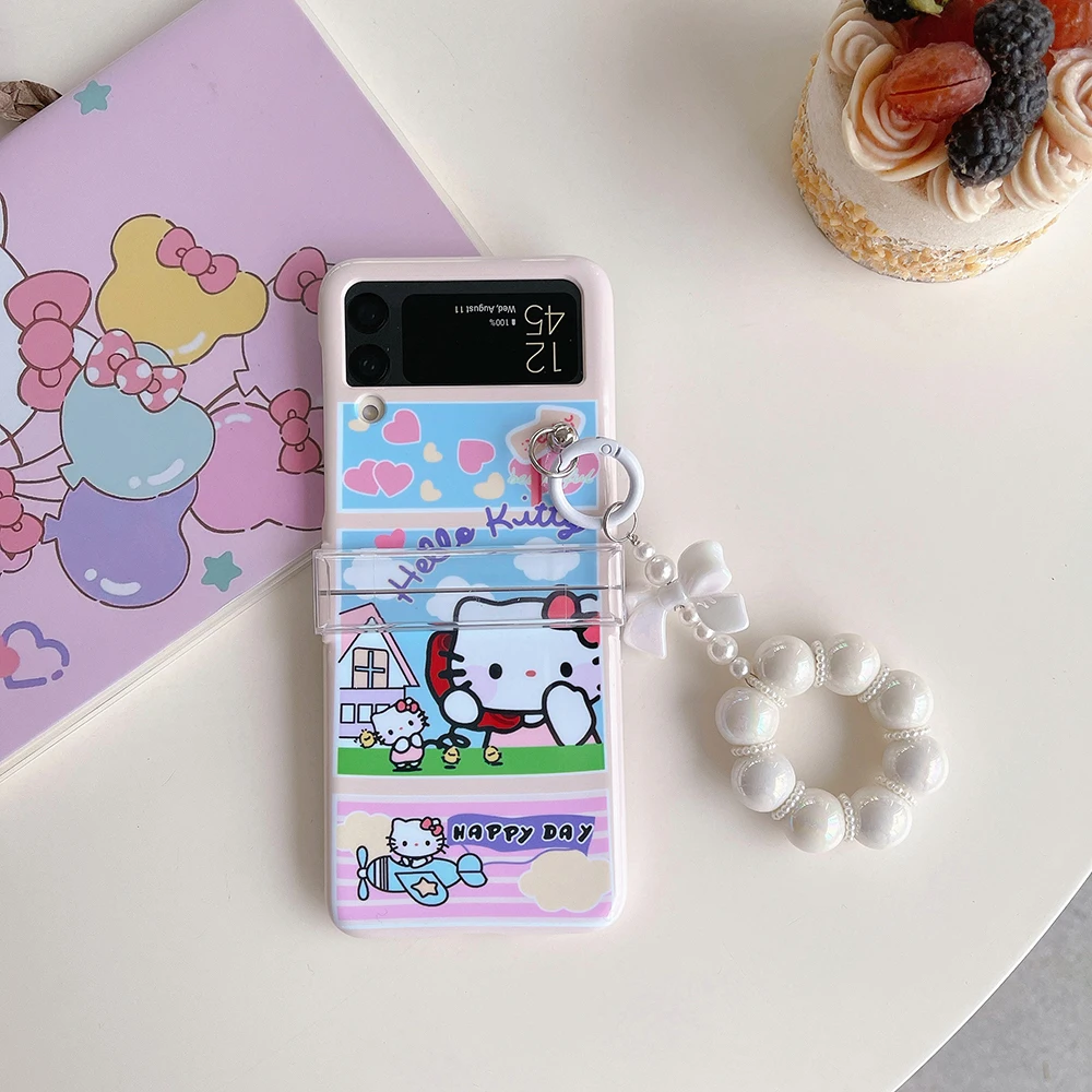 

Cute Cartoon Sanrio Hello Kitty with Lanyard Bracelet Phone Case for Samsung Galaxy ZFlip3 ZFlip4 5G Fold Anti-drop Cover Coque