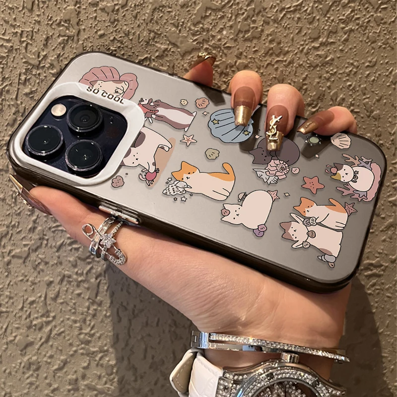 Funny Cute Doodle Cat IMD Hard Case For iPhone 16 ProMax 15 14 13 12 11 Pro Max XS X XR Plus Y2K Plating PC Bumper Back Cover