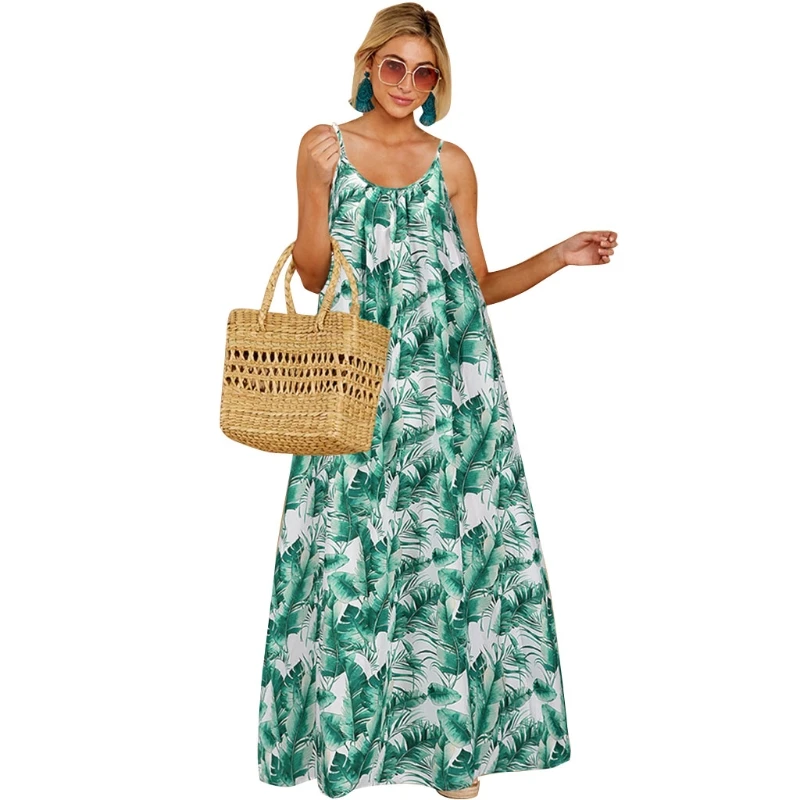

Womens Summer Spaghetti Strap Flowy Maxi Long Sling Dress Bohemian Feather Leaves Print Flared Hem Casual Loose Swing Beach
