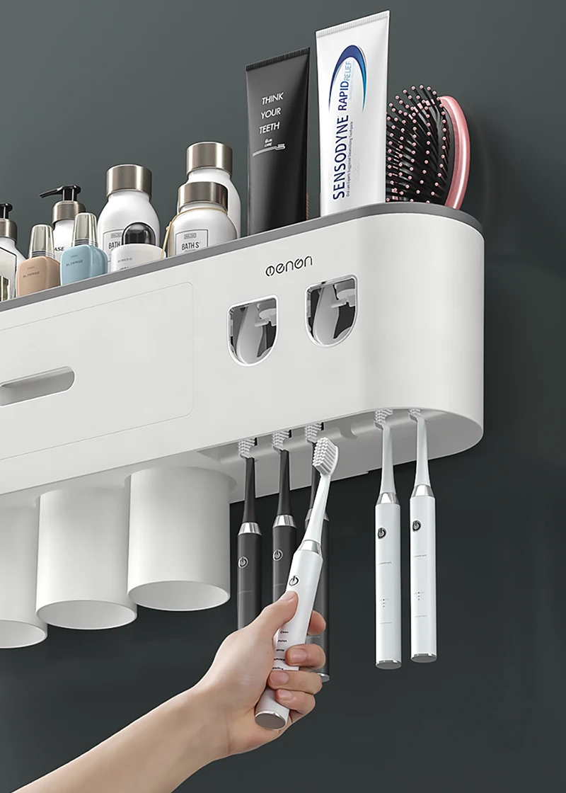 magnetic adsorption inverted toothbrush holder double automatic toothpaste squeezer dispenser storage rack bathroom accessories free global shipping