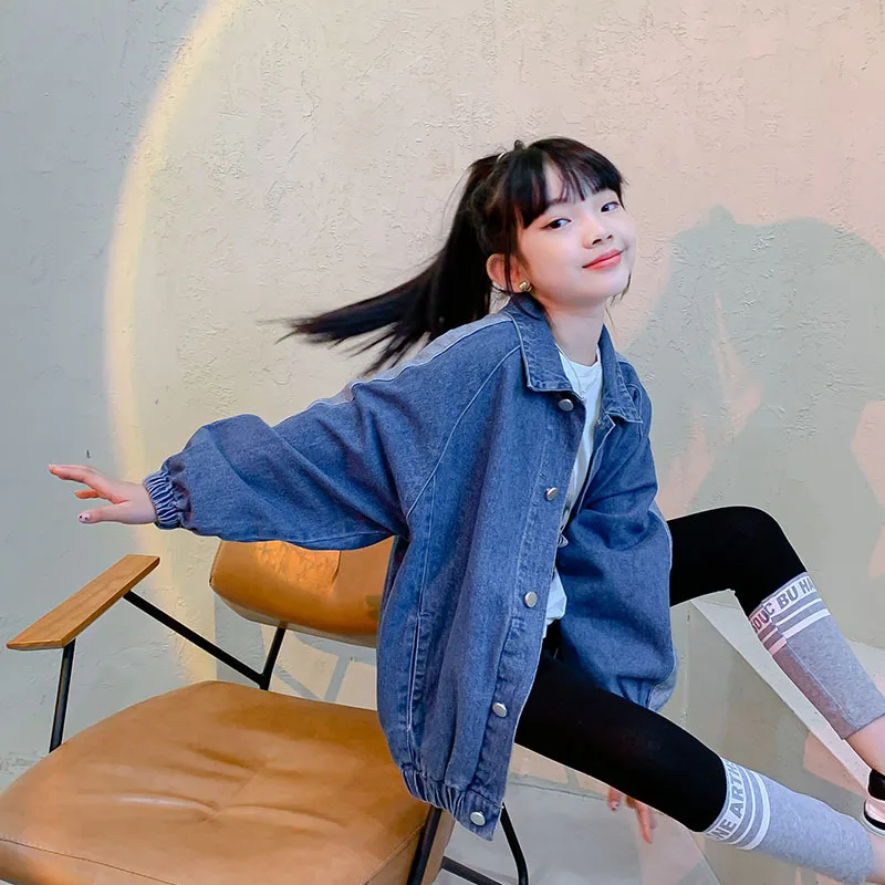 

Синие джинсовые куртки для девочек-подростков; Сезон весна-осень; Модная повседневная детская одежда для девочек; Топ для детей 8, 10, 12, 13, 14 ле...
