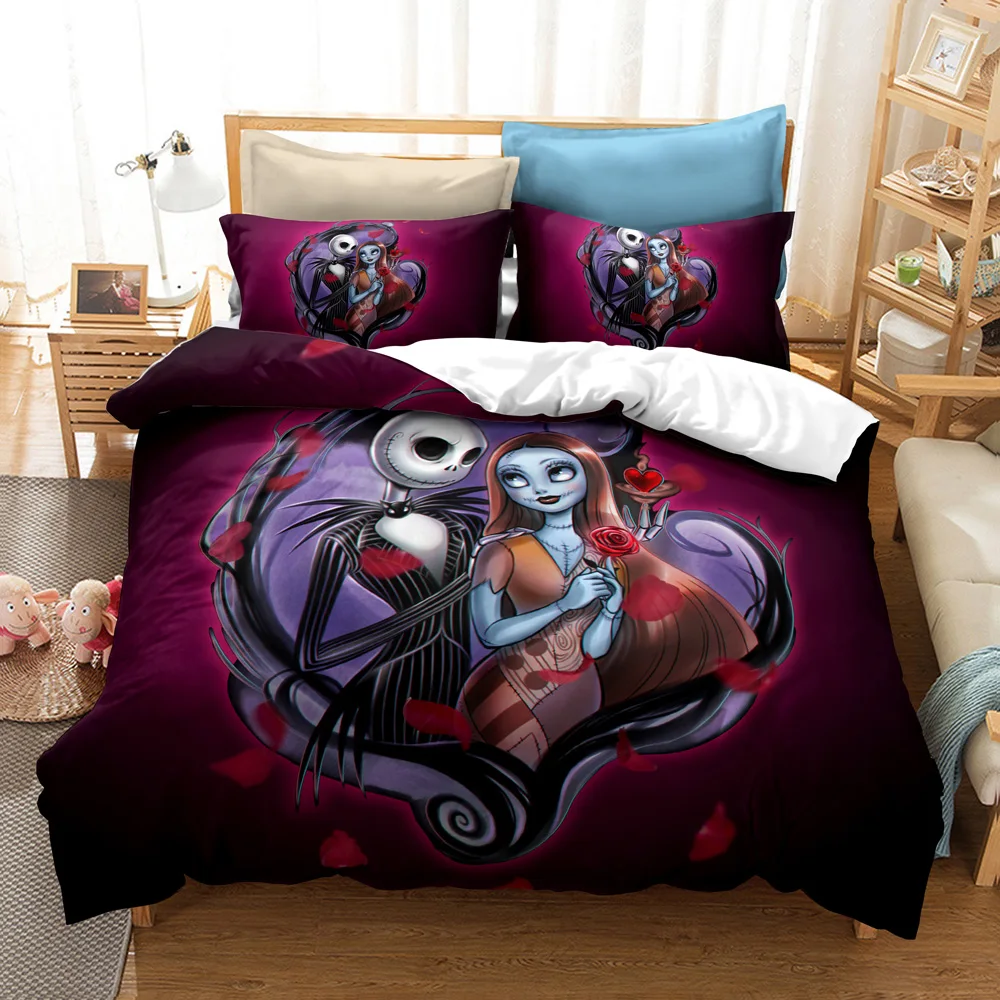 Nightmare Before Christmas Duvet Cover Set,Jack and Sally Valentine's Day Christmas Bedding Set 2/3PCS Comforter Cover King Size
