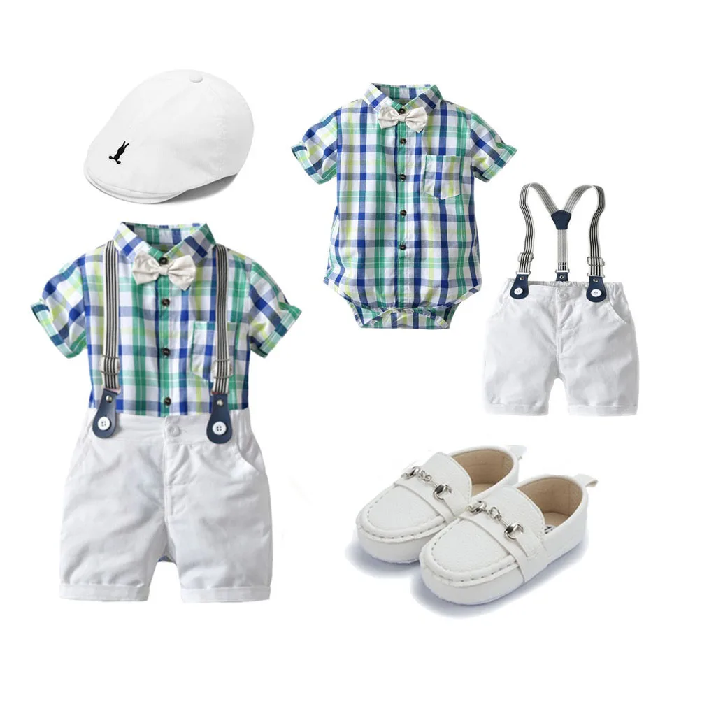 Baby Boy Clothes Set Gentleman   Outfit Lattice  Romper Suspender Pants Shoes Hat Toddler Wedding Birthday