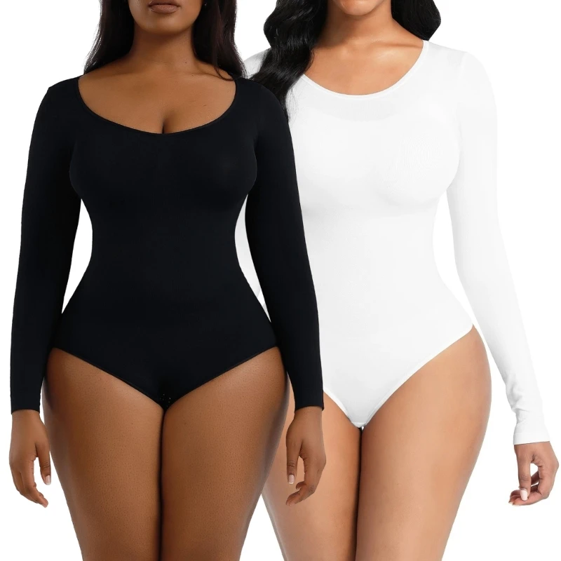 

Womens Long Sleeve Tummy-Control Skinny Bodysuit Crew Neck Leotard Top Butt Lifter Bodycon Romper Jumpsuit Underwear M6CD