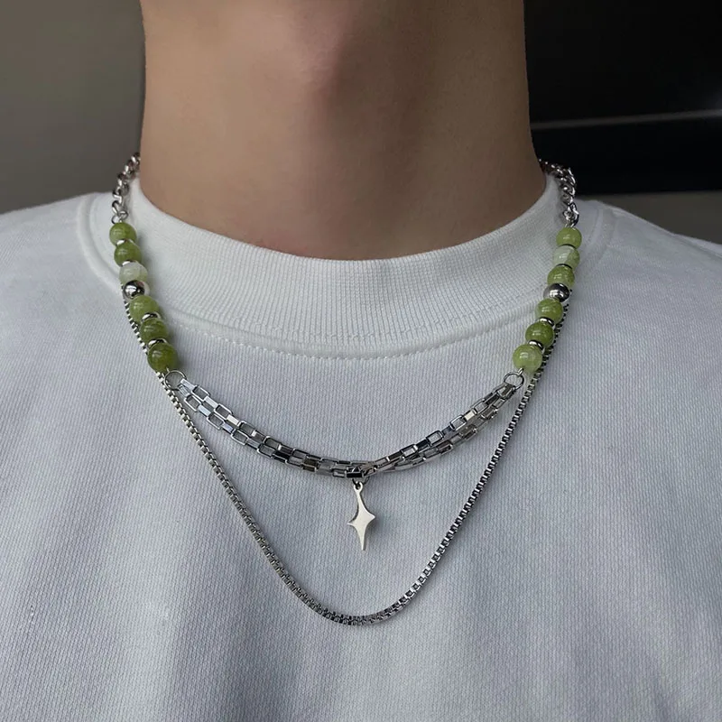 

Natural Green Stone Beads Choker Necklace for Men Women Layered Stainless Steel Chain Hiphop Star Pendant Neck Clavicle Jewelry