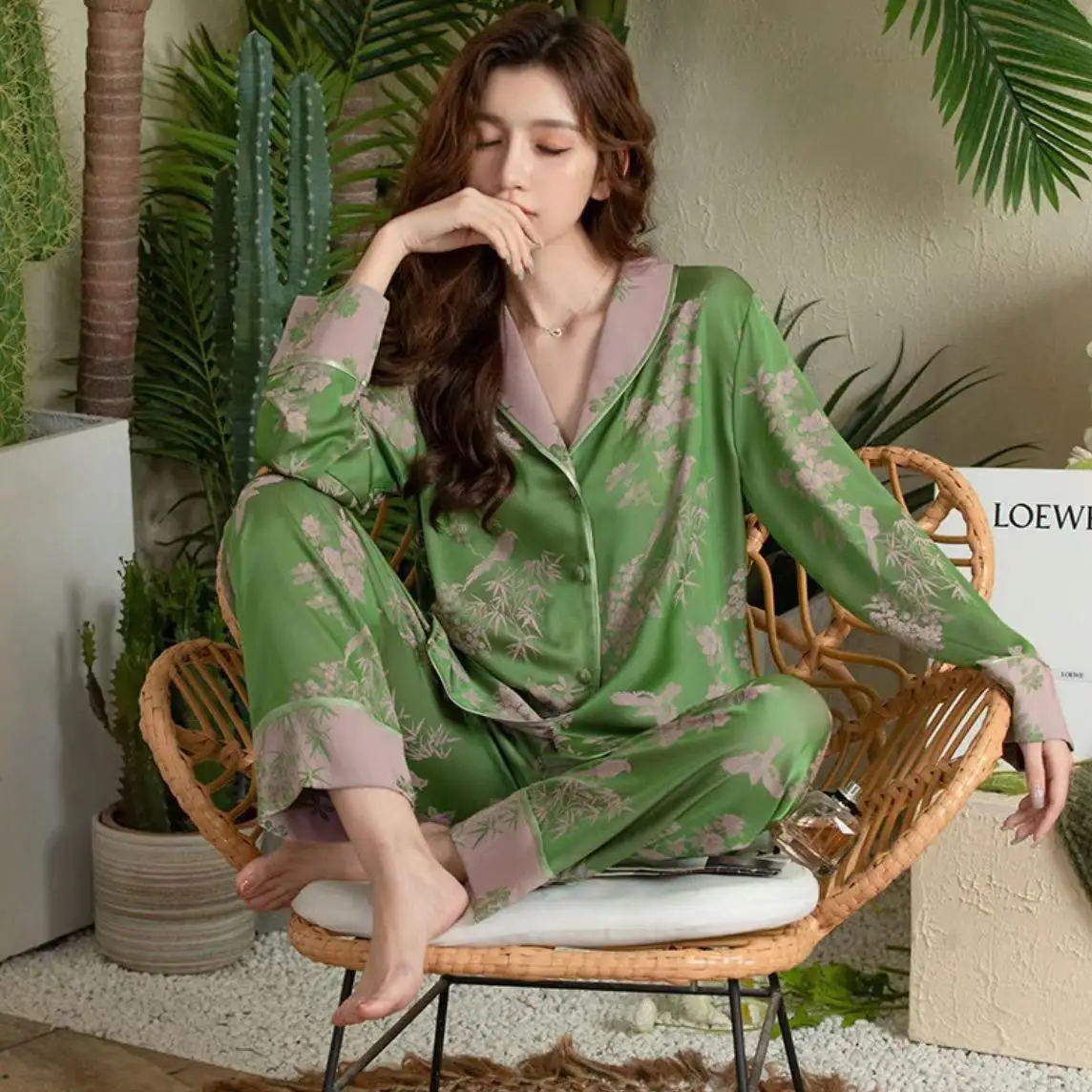 2023 Spring 2 Piece Set Women Home Clothes Long-sleeved Satin Silky Trouser Pants Suits Women Sleepwear Pajama