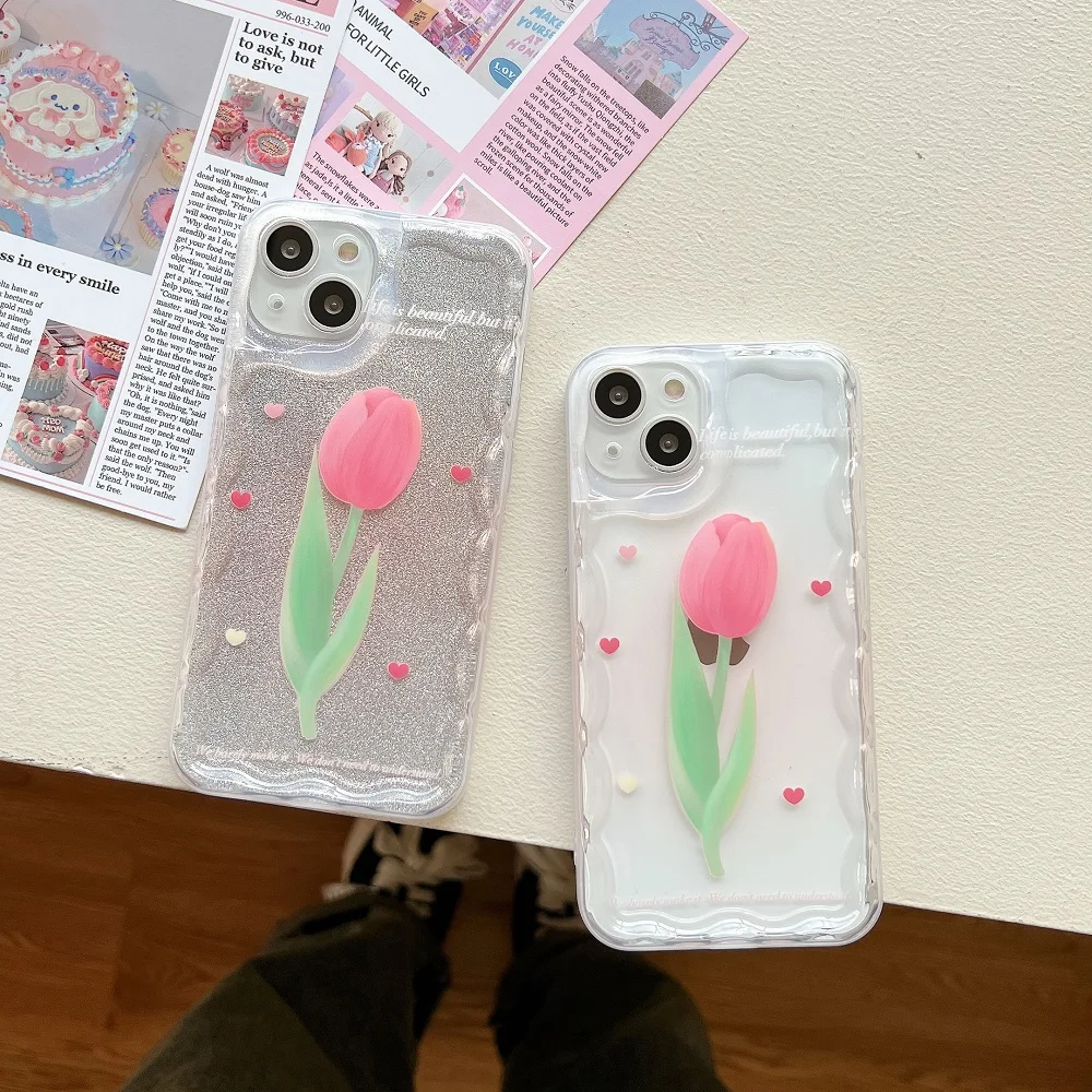 

Wavy Cute Tulips Flower Sequins GlitterPhone Case For iPhone 14 13 12 11 Pro Max ins Shockproof Protected IMD Silicone Cover