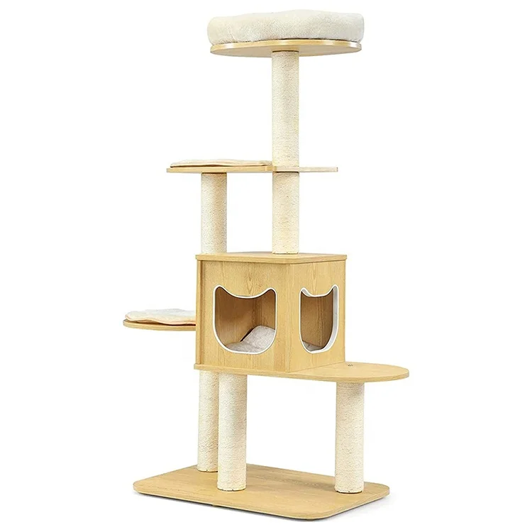 

Modern Wood Cat Tree 53 Inches Tower with Platform Activity Center Scratching Posts