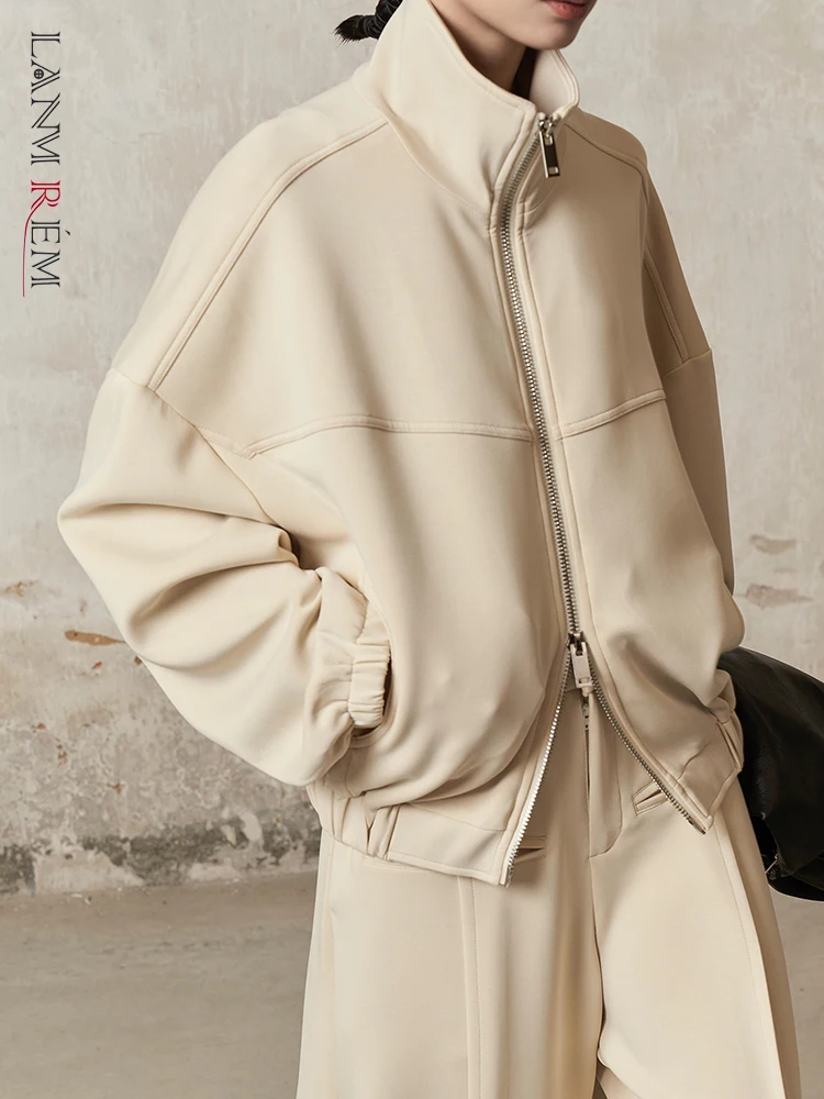 

[LANMREM] Double Zipper Design Casual Sweatshirt For Women Solid Stand Neck Long Sleeve Loose Female Tops 2023 Autumn New 26D624