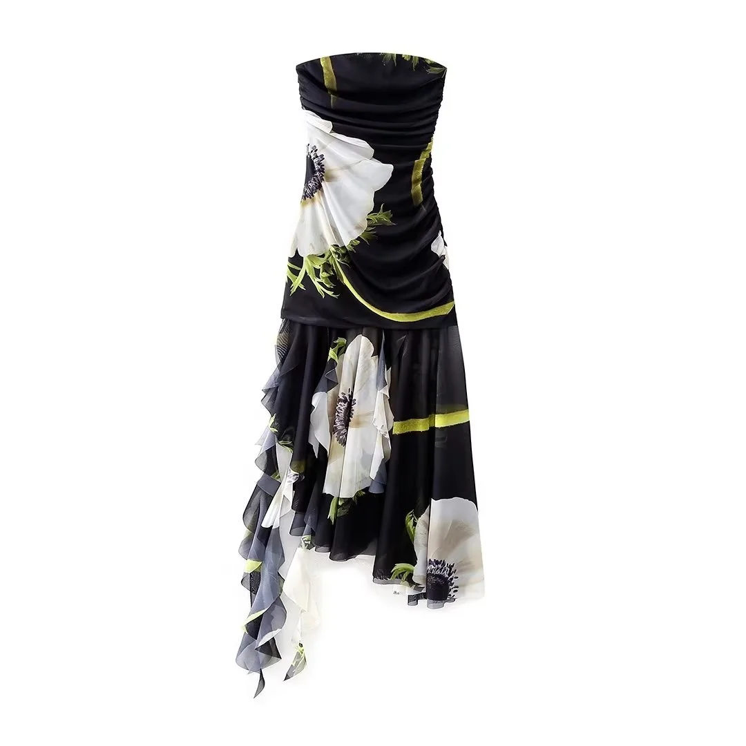 

Женское платье-футляр с принтом из тюля, асимметричное платье средней длины с рюшами, лето 2023