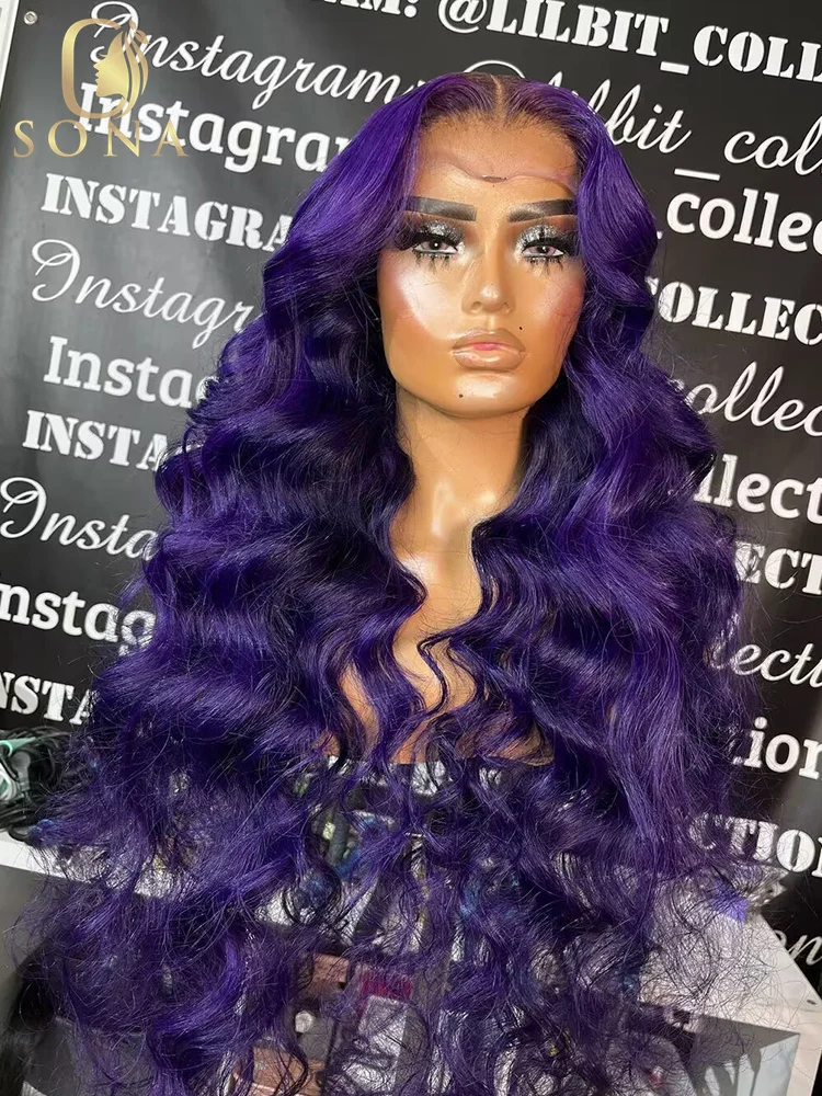 180 Density 13x6 13x4 HD Transparent Lace Frontal Wig Human Hair Dark Purple Wavy Wig 4x4 Closure Wigs For Women 30inch 32inch