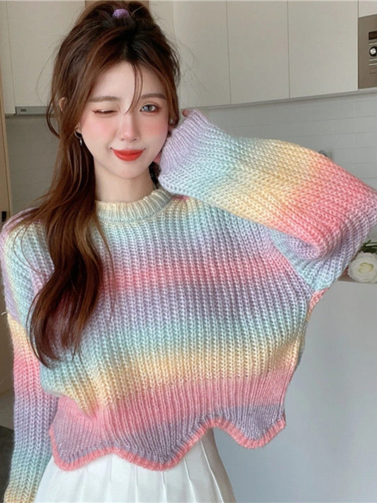 

Deeptown Y2K Harajuku Rainbow Striped Knitted Sweater Women Korean Fashion Tie Dye Cropped Tops Sweet Loose Long Sleeve Jumper