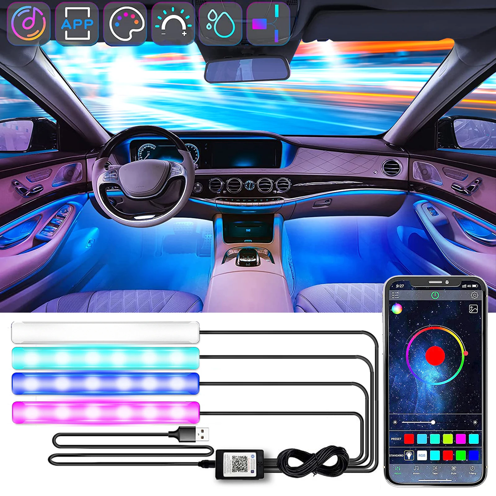 

Светодиодная декоративная RGB-лента для салона автомобиля, 56 режимов