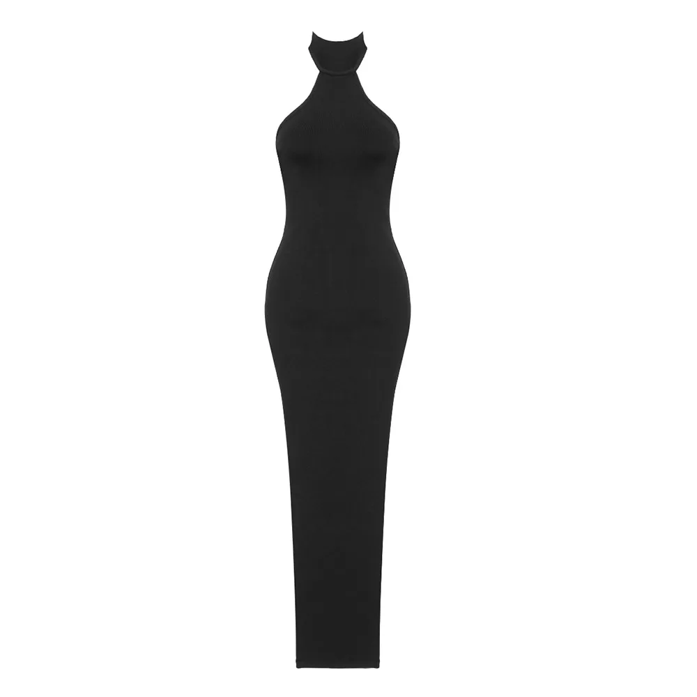 

Новинка 2023, женское черное платье до середины икры с лямкой на шее, без рукавов, с открытыми плечами, Клубное облегающее элегантное сексуальное вечернее платье