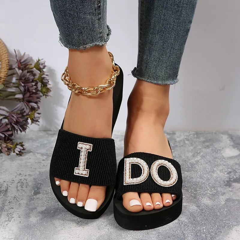 

Summer Designer Fashion Women's Slippers Wedges Open Toes Flip Flop House Causal Ladies Shoes New Pearl Alphabet Beaded Slides