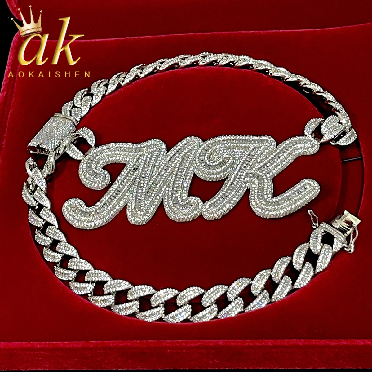 Aokaishen Custom Cursive Letter Name Pendant For Men Solid Back Bling Zirconia Hip Hop Necklace Chain Make Jewelry