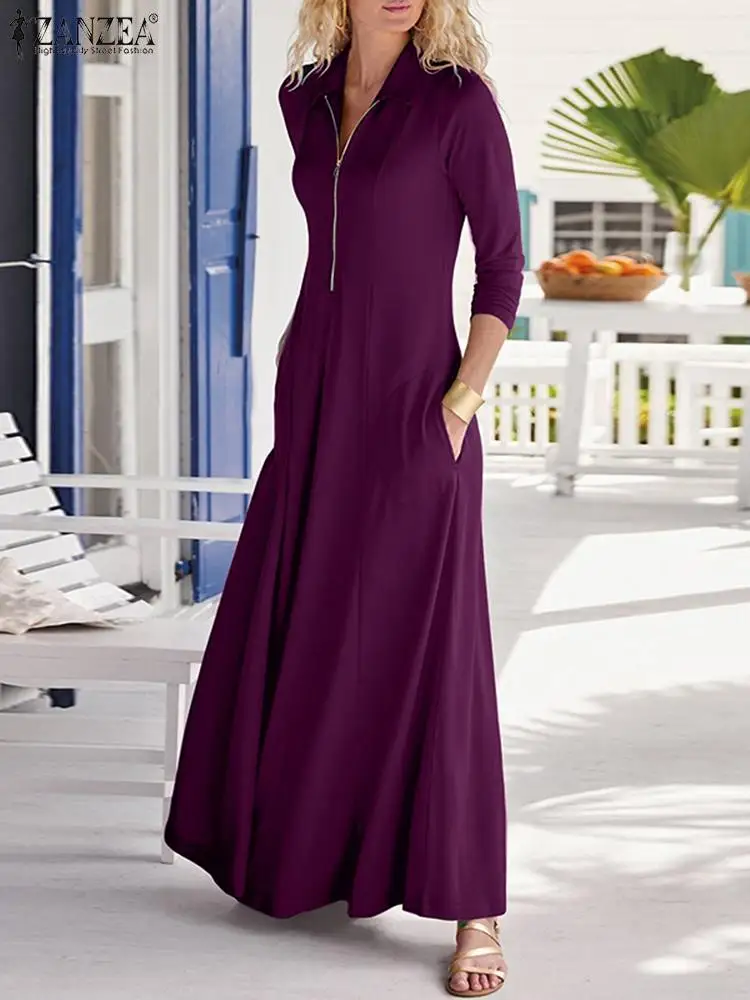 

2022 ZANZEA Fashion Women Lapel Neck Long Sleeve Party Dress Autumn Maxi Long Sundress Robe Femme Casual Solid Kaftan Vestido