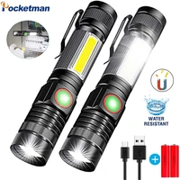 led flashlight rechargeable telescopic zoom led magnet cob sidelight pocket flashlight torch lantern cob work light for camping