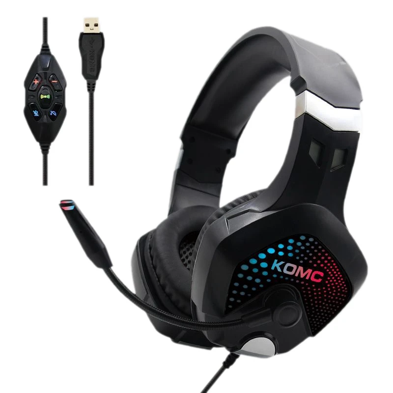 

Игровая гарнитура KOMC, наушники для Ps4, Ps5, ПК, контроллер, шумоизоляция, Накладные наушники с микрофоном, красная светодиодсветильник ка
