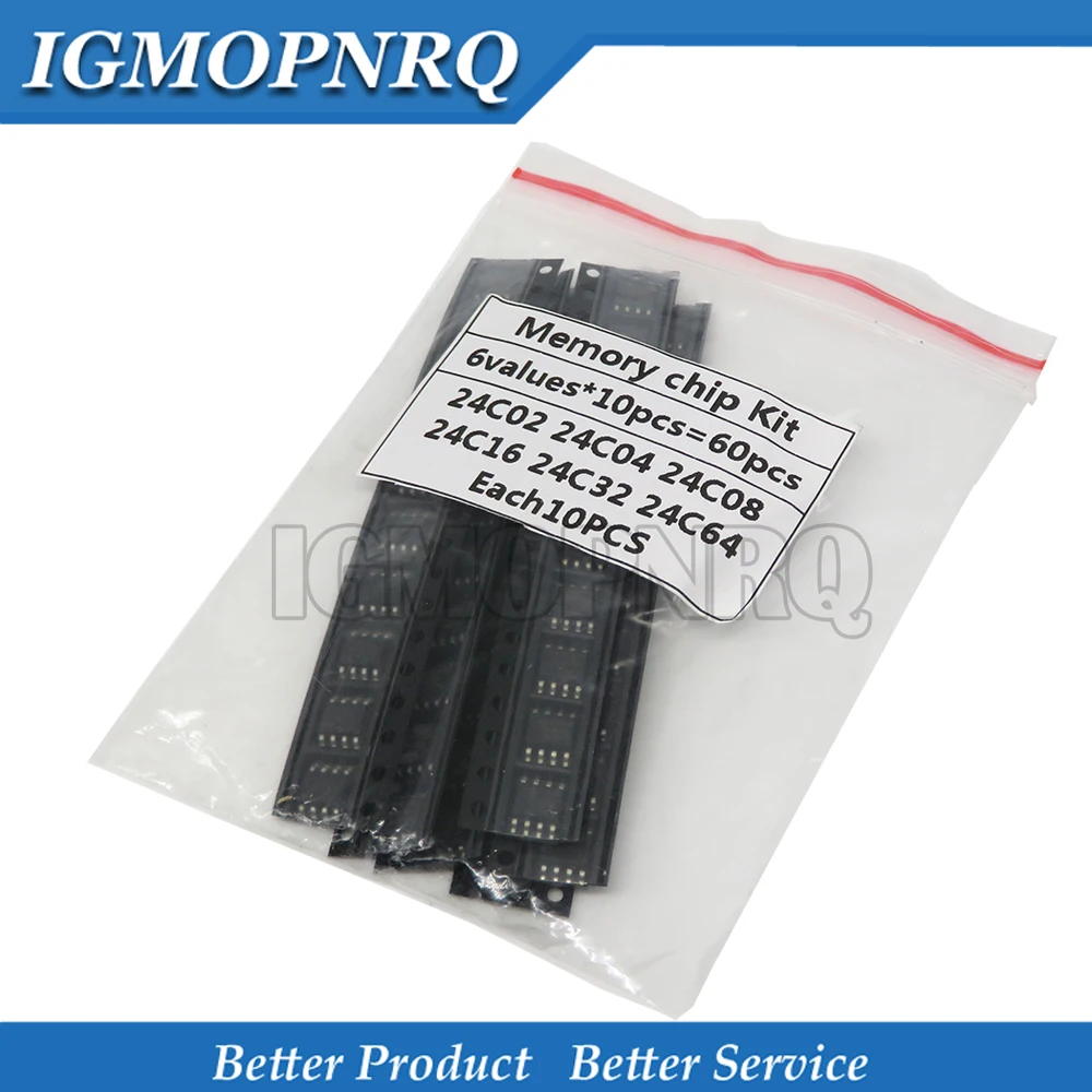 

60PCS = 6 kinds * 10 PCS 24C02 24C04 24C08 24C16 24C32 24C64 sop kit Each 10PCS (12-21)