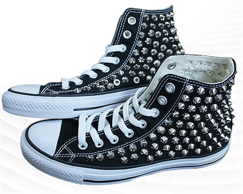 

New trend silver rivets black high top canvas shoes cool hip hop style board shoes niche couple shoes