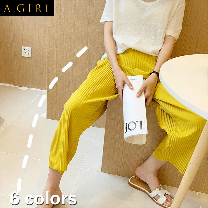 

A GIRLS Wide Leg Pants Women Ulzzang Simple Summer Stylish Elasticated Pleated Chic Ladies Trouser 6 Colors All-match Leisure