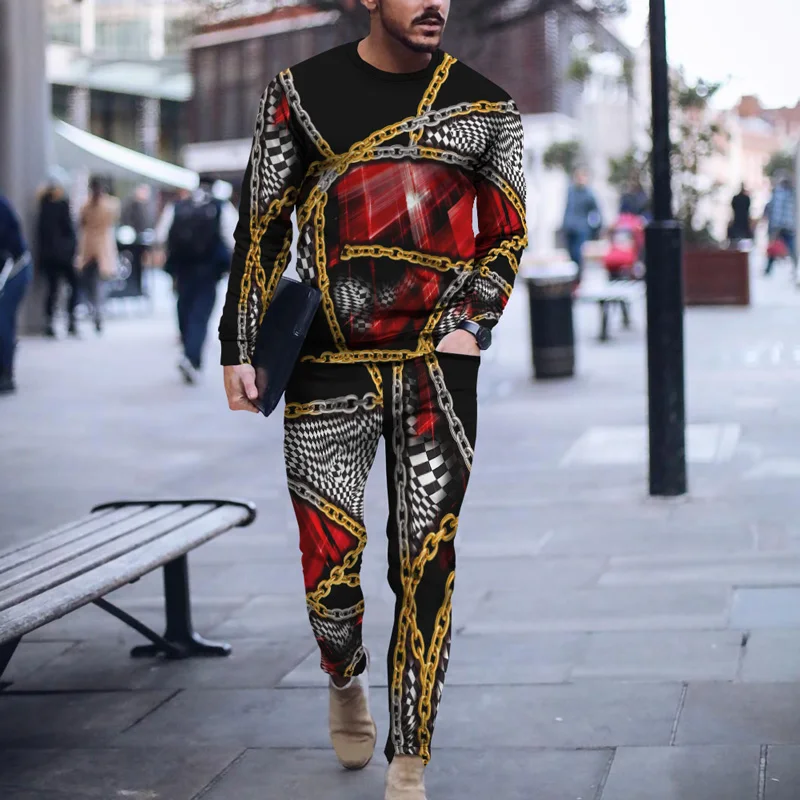 

New vintage men's round neck sweater+sports trousers suit Winter warm sports casual suit