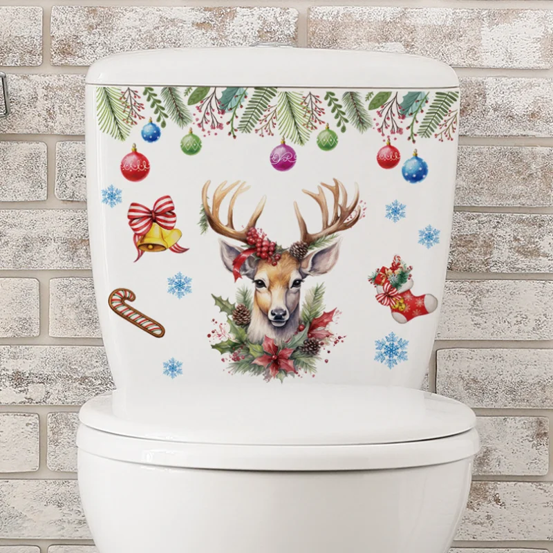 Cartoon Christmas Elk Toilet Sticker Bathroom Corridor Porch Cabinet Decor Waterproof Toilet Covers Self-adhesive Wall Stickers