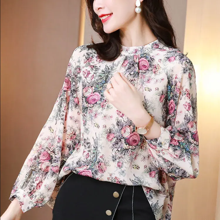 

2022 Women's Spring Summer New Long Sleeve Loose Blouses Female Print Stand Collar Shirts Ladies Casual Chiffon Shirts Tops R69
