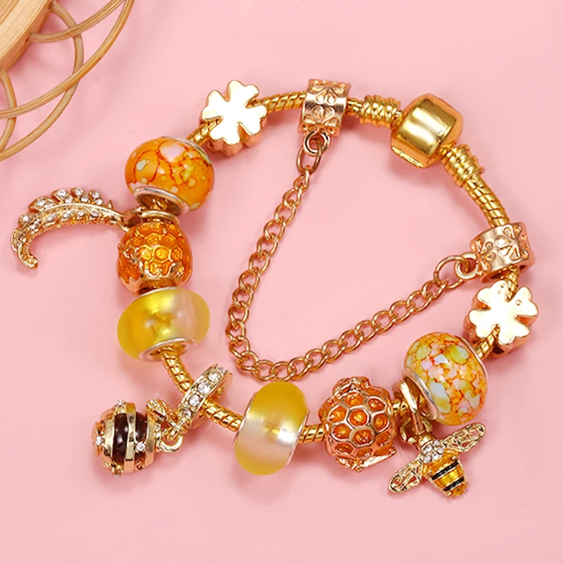 Золотые листья Цветок и пчела Медовая бусина с подвеской DIY Шарм Фирменный