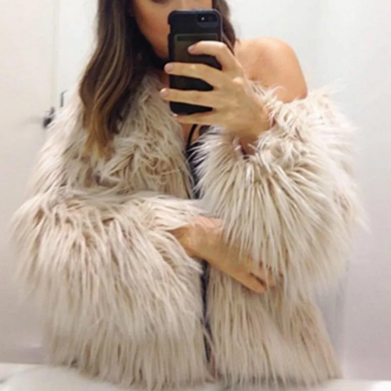 Women Warm Faux Fur Coat Winter 2022 Elegant Short Yellow Hairy Furry Fake Fur Overcoat O Neck Oversized Loose Fluffy Outerwears