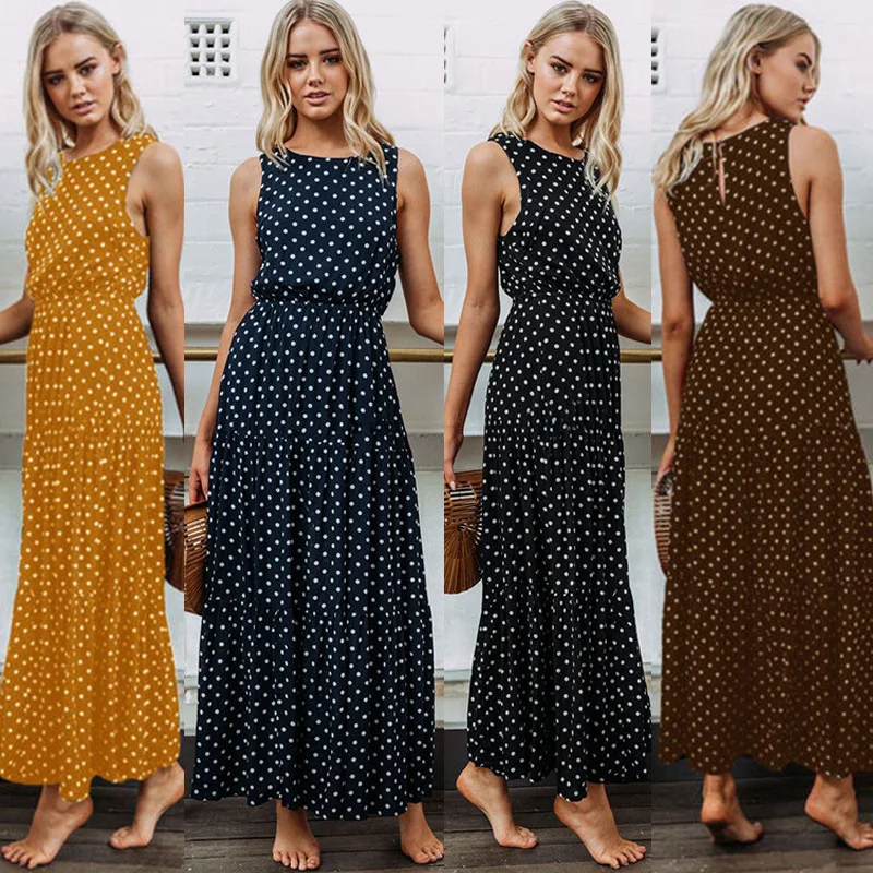 

Spring Summer Fashion Polka Dot Round Neck Long Skirt Sexy Button Women's Dress Bodycon Dresses Beach Party Casual Dress
