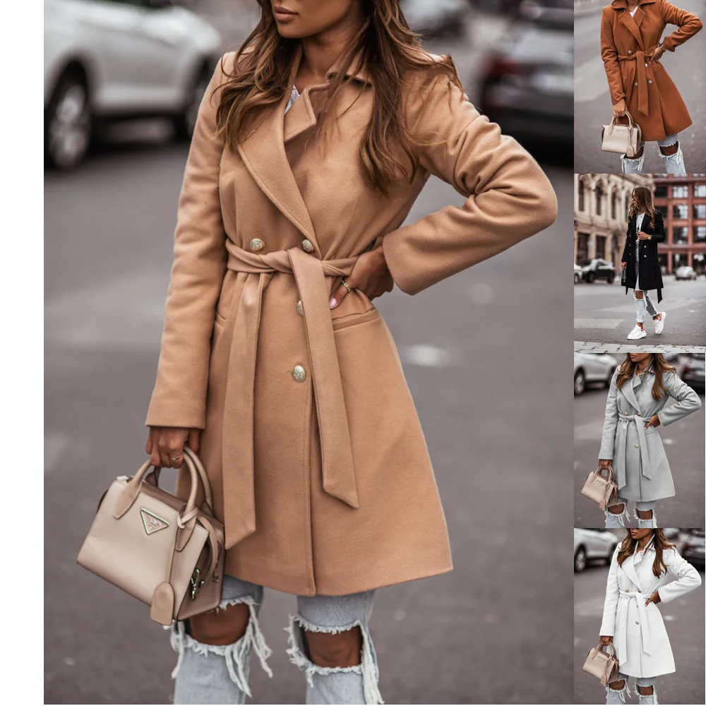 

2022 autumn and winter long-sleeved suit collar double-breasted woolen jacket top women