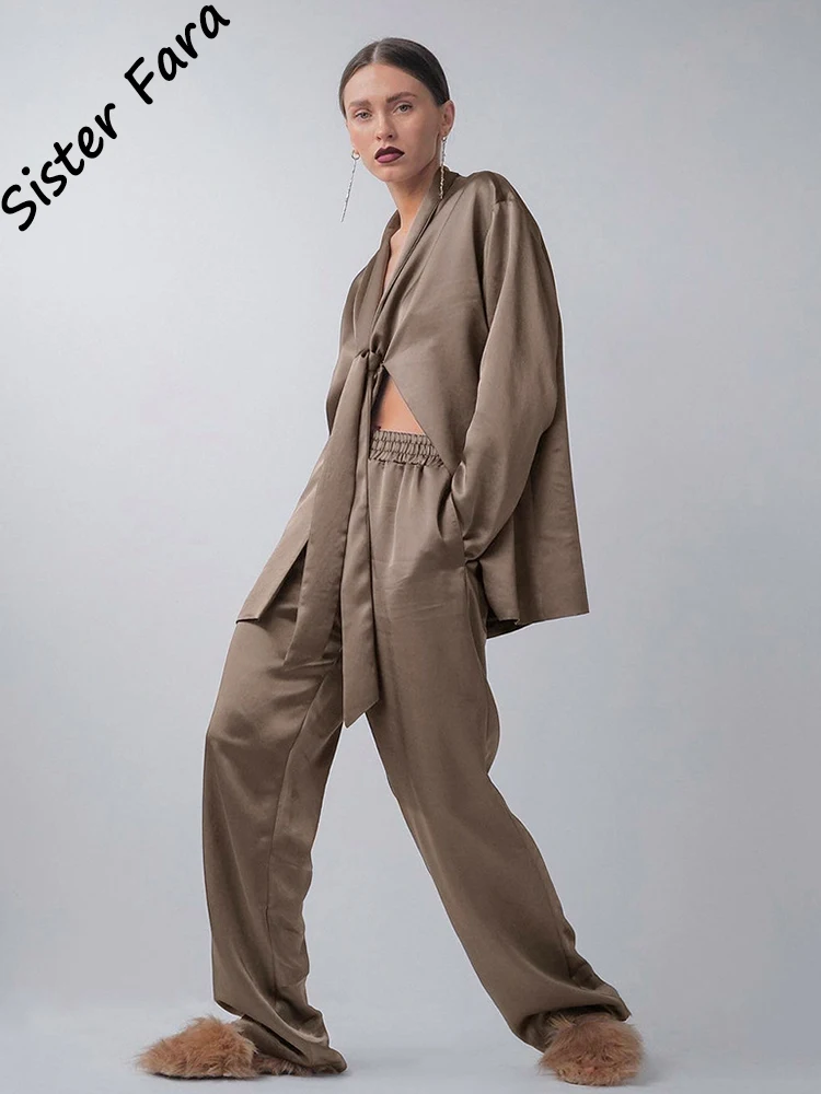 

Женский атласный комплект рубашки Sister Fara, комплект из двух предметов с длинным рукавом и прямые брюки с эластичным поясом, офисный комплект ...