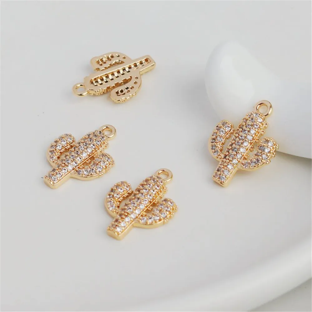 

14k Gold covered color preserving cactus 13*17mm micro inlaid Zircon Pendant DIY bracelet necklace ear pendant jewelry