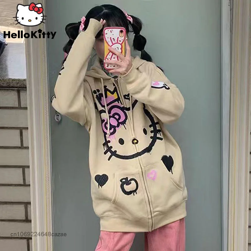 Sanrio Hello Kitty Cute Print Sweatershirt Fashion American Retro High Quality Loose Casual Zipper Coat Punk Y2k Top For Women