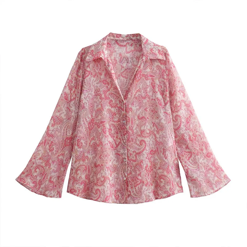 

Autumn Women's 2023 New Casual Fashion Trend Single-Breasted Flared Sleeves Tie-Dye Printed Loose Shirt Blouse