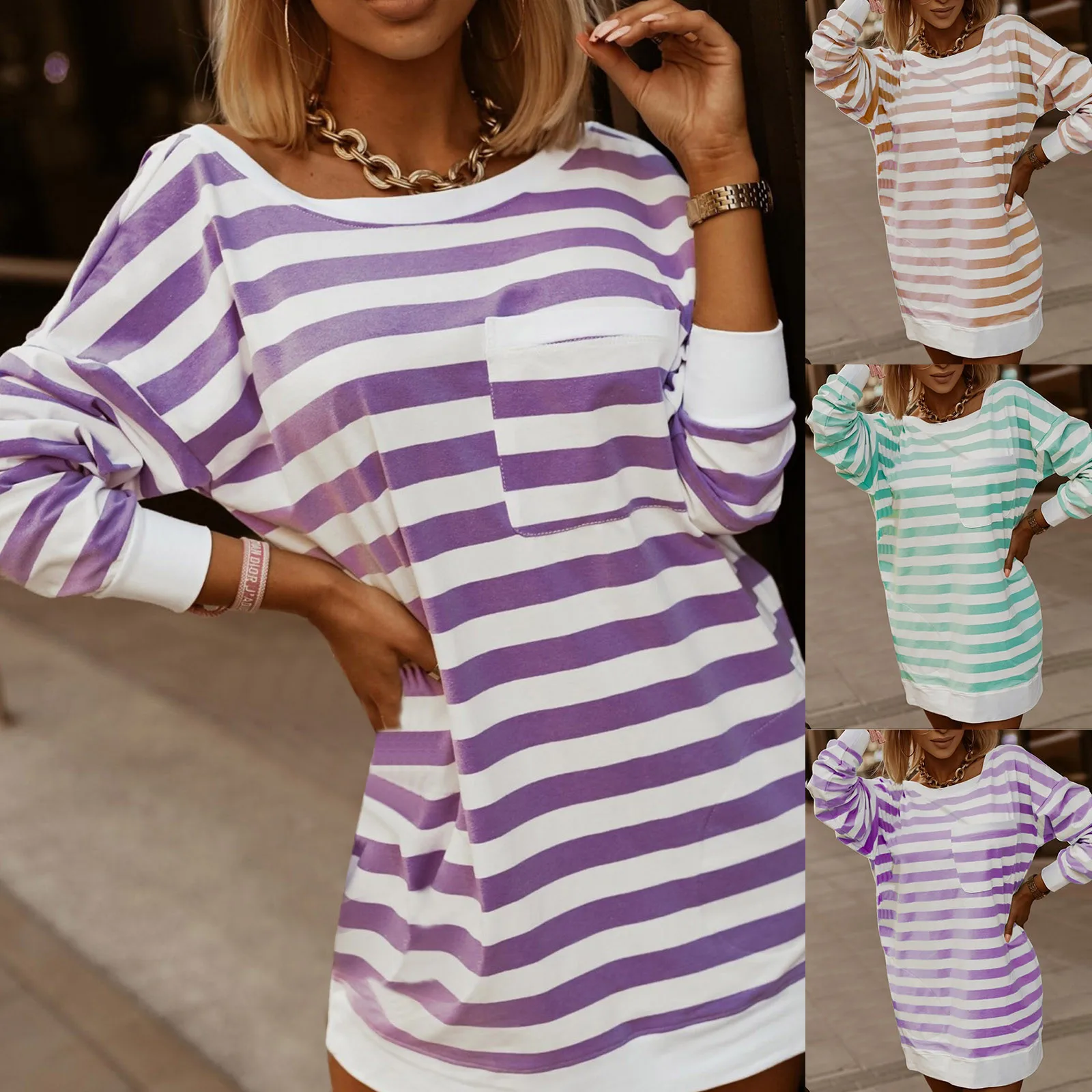 

Women All- Crewneck Stripe Print Sweatshirt Popular Long-Sleeves Pocket Winter Sweater Blouse Top Workout Loose Tops Women