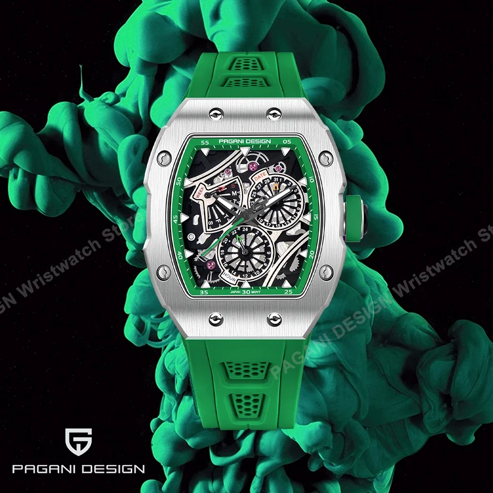 PAGANI DESIGN Роскошные современные кварцевые мужские часы Tonneau Skeleton PDYS012 силиконовый