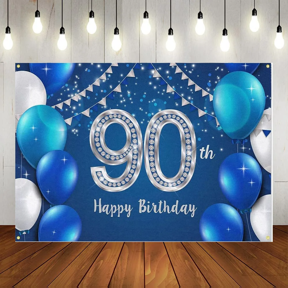 

Happy 90th Birthday Party Banner Decorations Blue Silver Crown Backdrop Background Men Women Anniversary Background Photography