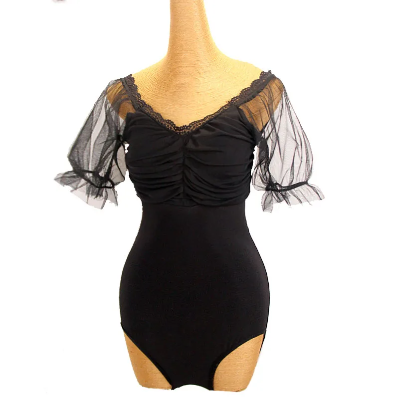 

Latin Dance Tops Women Ballroom Dance CLothes Black Lace Bodysuit Short Sleeves Practice Wear Rumba Salsa Dance Clothes