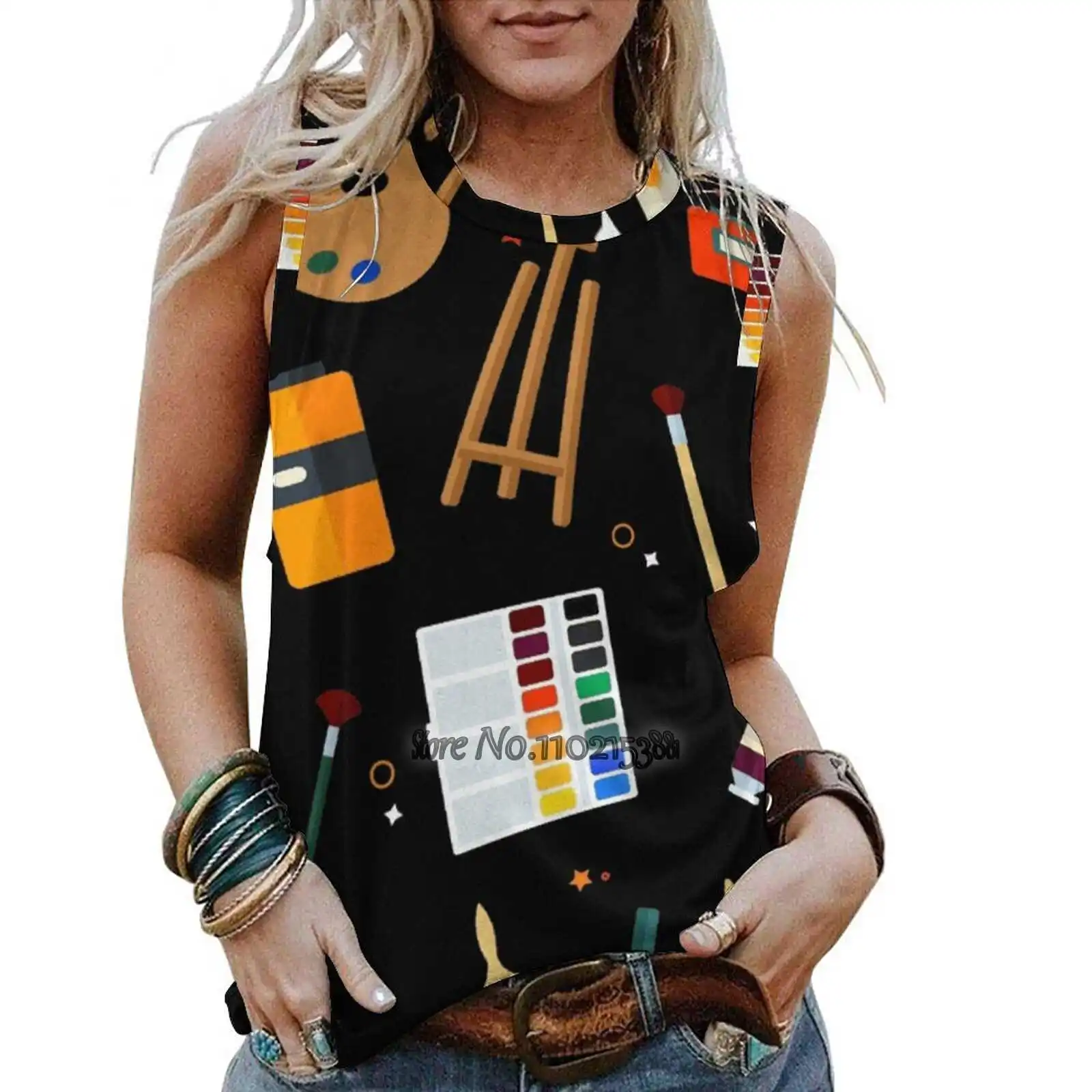 

Tools And Materials For Creativity And Painting Seamless Pattern Tank Top Women Print Sleeveless Loose Shirts Ladies Casual Y2K